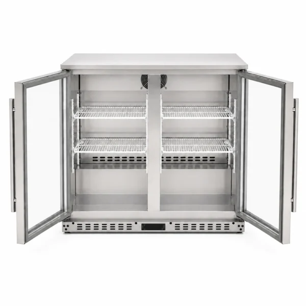 Commercial beverage fridge with hinged glass doors