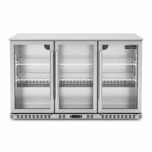 Commercial stainless steel beverage fridge with hinged glass doors