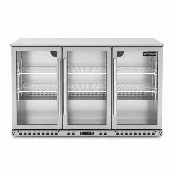 Commercial stainless steel beverage fridge with hinged glass doors