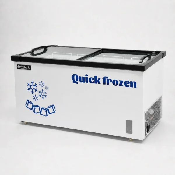 White commercial chest freezer with tempered glass