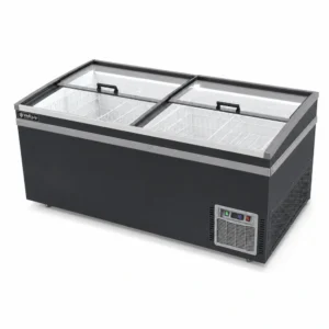 Low-profile island chest freezer for supermarkets
