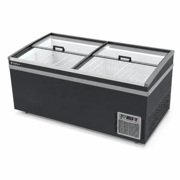 Low-profile island chest freezer for supermarkets