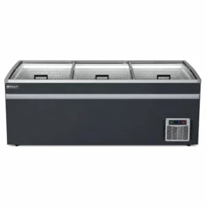 Low-profile island chest freezer for supermarkets