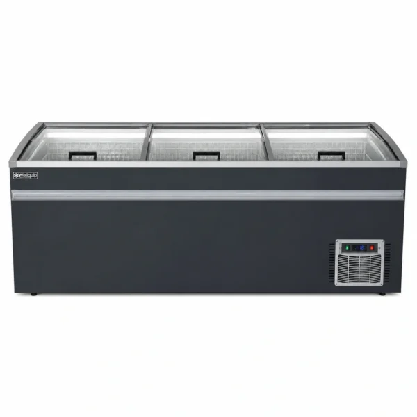 Low-profile island chest freezer for supermarkets
