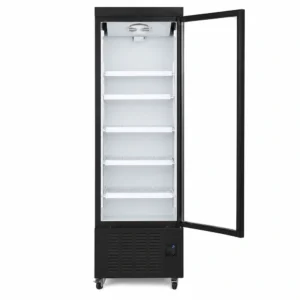 Wellquip 550L 1 door upright display fridge front view with doors open