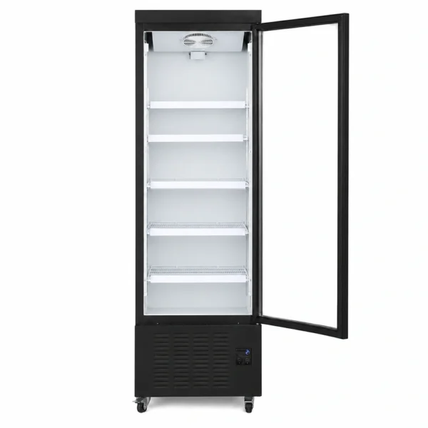 Wellquip 550L 1 door upright display fridge front view with doors open