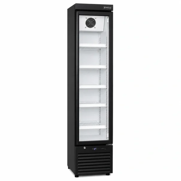 FA218_Front-left with doors closed Energy efficient slimline glass door fridge