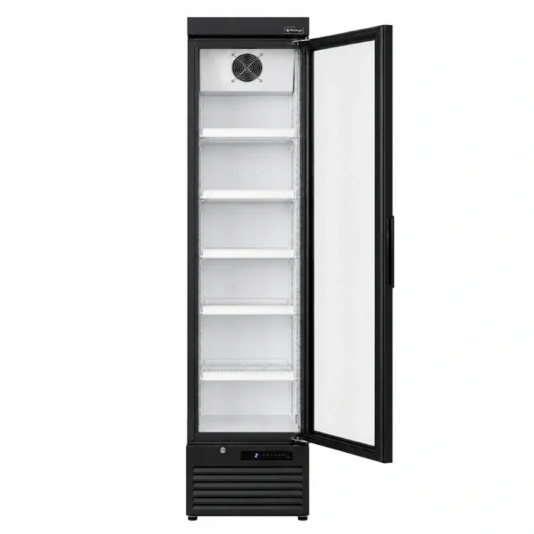 Narrow glass door drinks display fridge