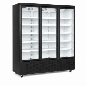 3 door upright display fridge with glass doors and LED lighting