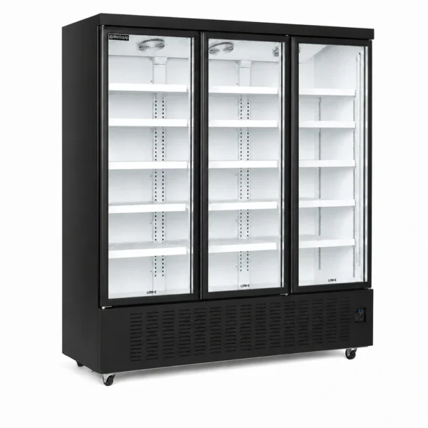 3 door upright display fridge with glass doors and LED lighting