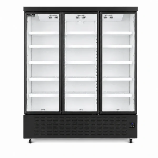 Wellquip 1650L 3 door upright display fridge front view