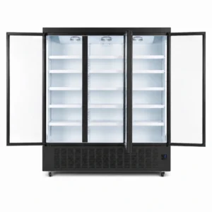 Wellquip 1650L 3 door upright display fridge front view with doors open