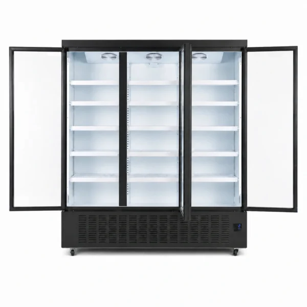 Wellquip 1650L 3 door upright display fridge front view with doors open