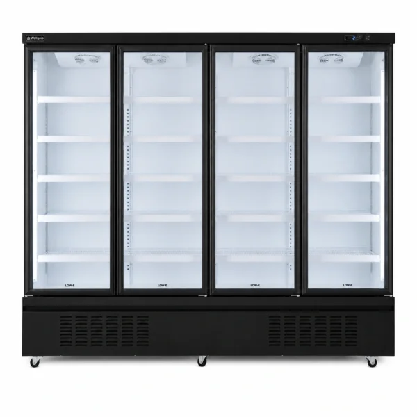 Wellquip 2100L 4 door upright display fridge front view