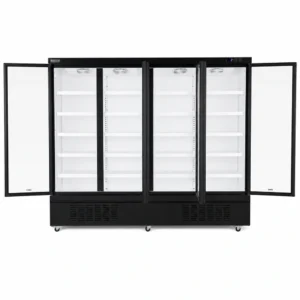 Wellquip 2100L 4 door upright display fridge front view with doors open