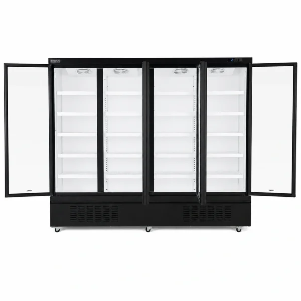 Wellquip 2100L 4 door upright display fridge front view with doors open