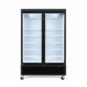 2 door upright display fridge with glass doors and LED lighting
