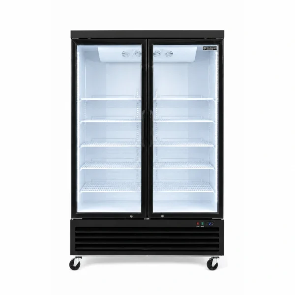 2 door upright display fridge with glass doors and LED lighting