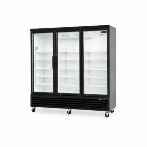 3 door upright display fridge with glass doors and LED lighting