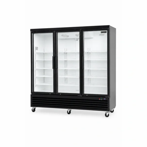 3 door upright display fridge with glass doors and LED lighting