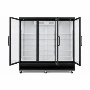 Wellquip 2090L 3 door upright display fridge front view with doors open