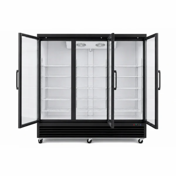 Wellquip 2090L 3 door upright display fridge front view with doors open
