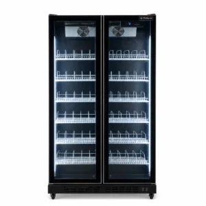 Upright display fridge with vertical LED lighting