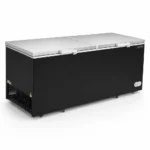 Black commercial chest freezer with stainless steel lids
