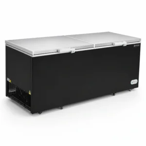 Black commercial chest freezer with stainless steel lids