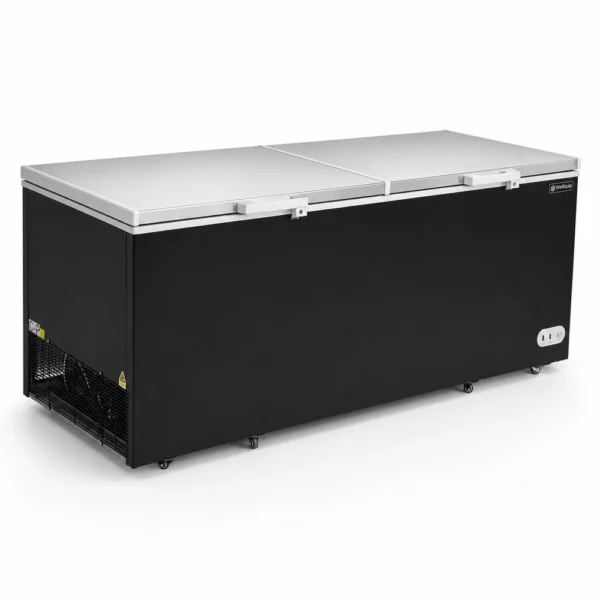 KF100D_Front-left with doors closed Black commercial chest freezer with stainless steel lids