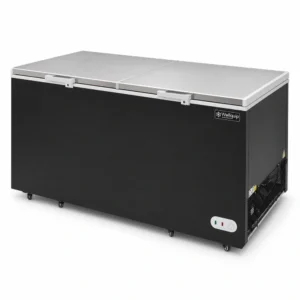 Black commercial chest freezer with stainless steel lids