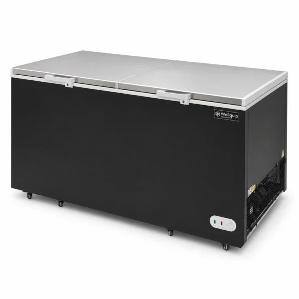 Black commercial chest freezer with stainless steel lids