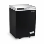 Black commercial chest freezer with stainless steel lid