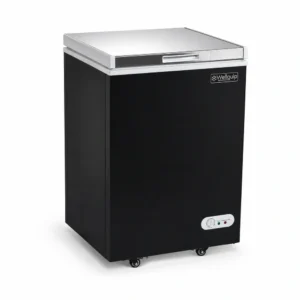 Black commercial chest freezer with stainless steel lid