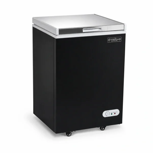 KF10S_Front-left with doors closed Black commercial chest freezer with stainless steel lid