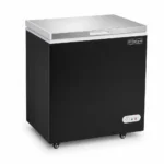 Black commercial chest freezer with stainless steel lid