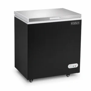 Black commercial chest freezer with stainless steel lid