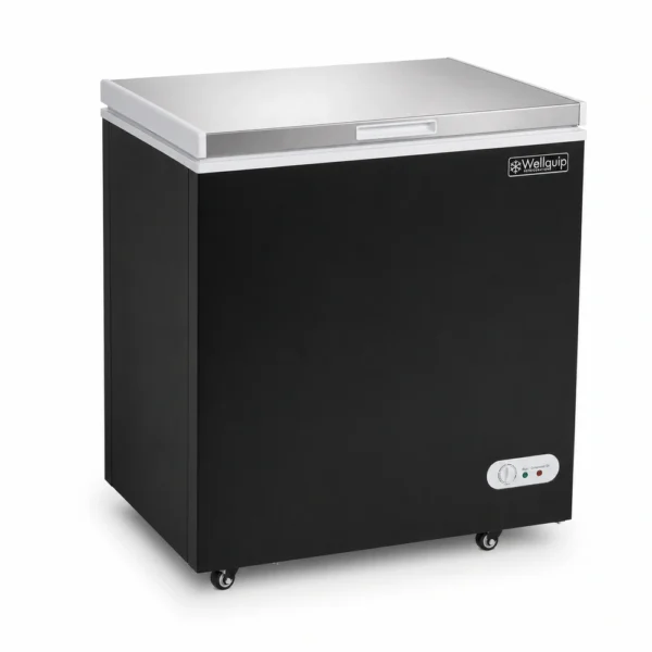 KF15S_Front-left with doors closed Black commercial chest freezer with stainless steel lid