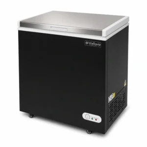 Black commercial chest freezer with stainless steel lid