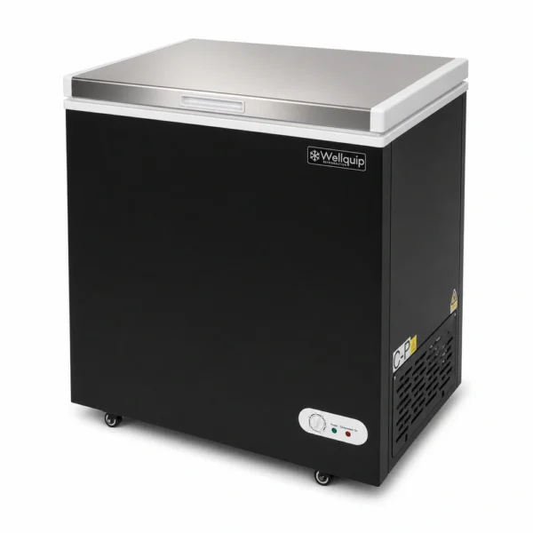 Black commercial chest freezer with stainless steel lid