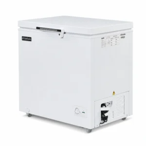 White commercial chest freezer with lockable hard-top lid