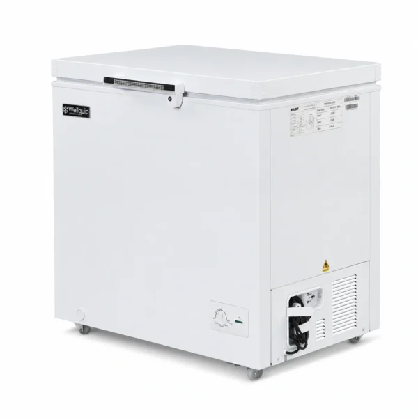 White commercial chest freezer with lockable hard-top lid