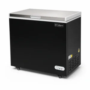 Black commercial chest freezer with stainless steel lid