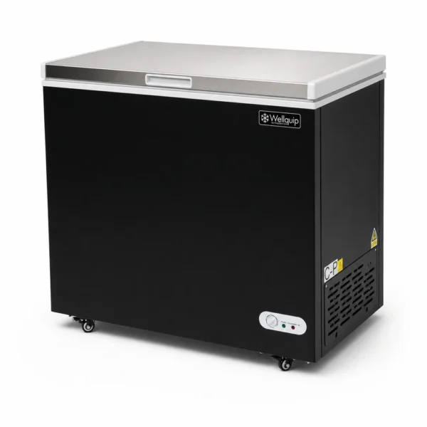 Black commercial chest freezer with stainless steel lid