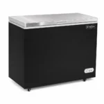 Black commercial chest freezer with stainless steel lid