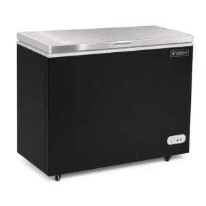 Black commercial chest freezer with stainless steel lid