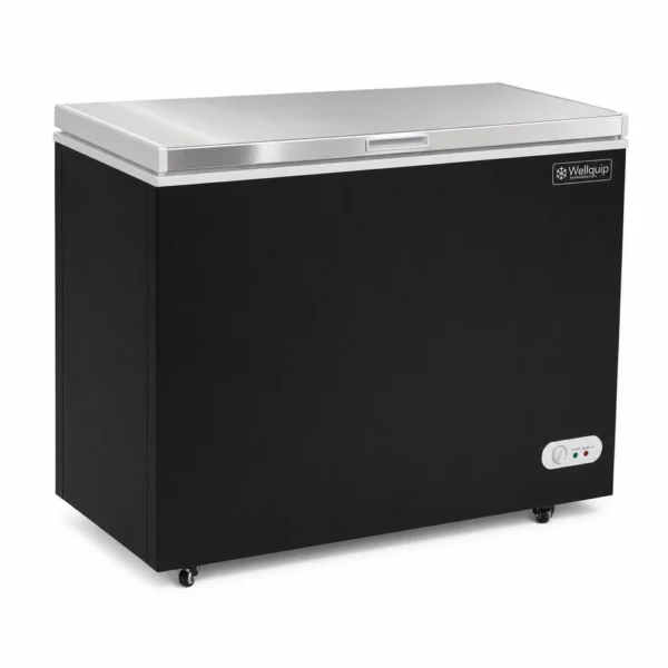 KF25S_Front-left with doors closed Black commercial chest freezer with stainless steel lid