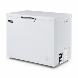 White commercial chest freezer with lockable hard-top lid