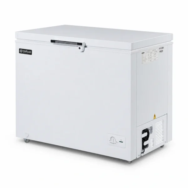 White commercial chest freezer with lockable hard-top lid