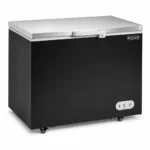 Black commercial chest freezer with stainless steel lid